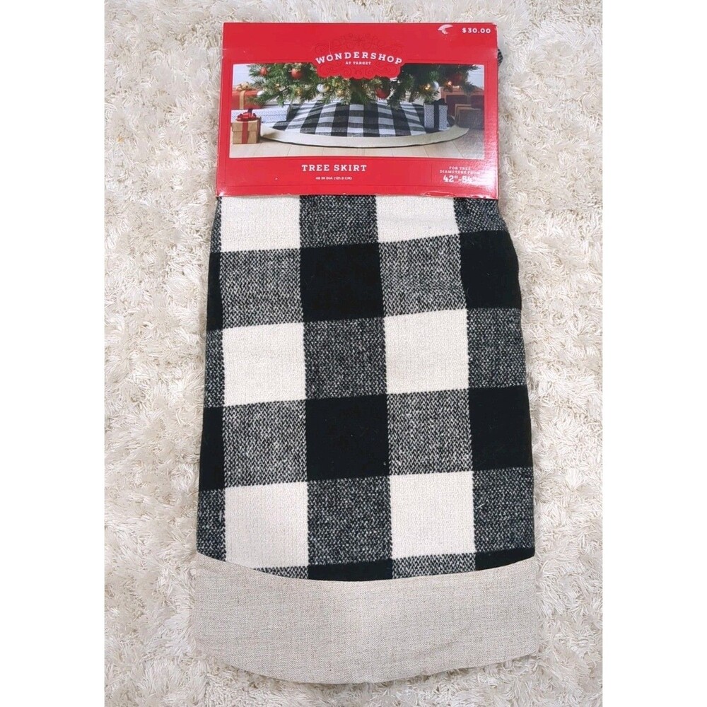Wondershop Buffalo Plaid Christmas Tree Skirt Black/Ivory Wool Blend 48”  42-54”